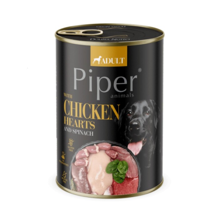 Hrana umeda pentru caini, Piper cu Inimi de Pui si Spanac, 400 gr