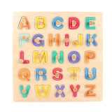 Puzzle incastru cu buton din lemn, litere alfabet, 26 piese