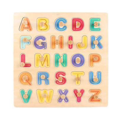 Puzzle incastru cu buton din lemn, litere alfabet, 26 piese foto