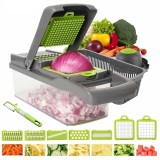 Răzătoare Multifuncțională Legume 7 Inox Rohs + Recipient, Protecție M&acirc;nă, Cos Scurgere, Lame Dicer, Feliere, Răzuire, Julienne
