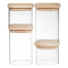 Set 4 borcane depozitare ermetice 5Five, sticla borosilicata si capac lemn, transparent Household NewTrend