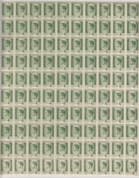 ROMANIA 1945/47 LP 187 REGELE MIHAI I UZUALE HARTIE ALBA VALOAREA 4 LEI VERDE COALA 100 TIMBRE STARE MNH