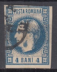ROMANIA 1868 LP 23 REGELE CAROL I CU FAVORITI 4 BANI ALBASTRU STAMPILAT