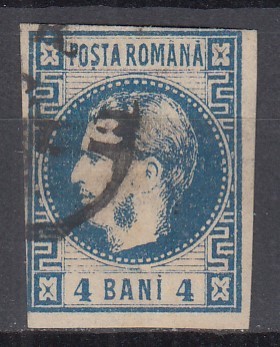 ROMANIA 1868 LP 23 REGELE CAROL I CU FAVORITI 4 BANI ALBASTRU STAMPILAT foto