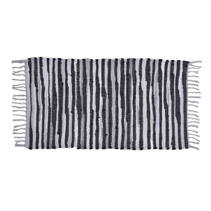 Covor Decorativ Tesut, Model Gri Negru cu Franjuri, Dimensiuni 80x50cm, Compozitie 80% Bumbac 20% Poliester