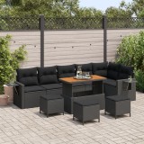 Set sofa gradina Gossi 9 piese cu perne negru ratan poli acacia, set dining gradina Gossi 3 piese cu perne negru ratan poli acacia