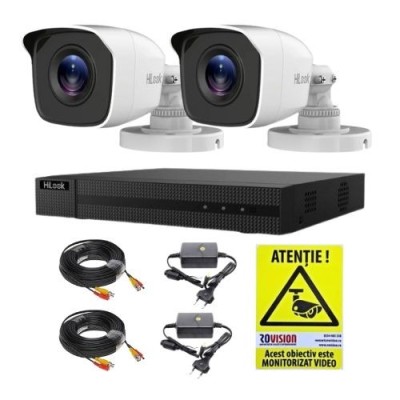 Sistem supraveghere analog Hikvision Hilook, 2 camere 2 MP, lentila 2.8mm, IR 20m, DVR 4 canale 4 MP, accesorii SafetyGuard Surveillance foto