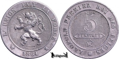 1864, 5 Centimes - Leopold I - Regatul Belgiei foto