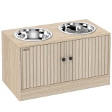 PawHut Suport pentru boluri pentru c&acirc;ini cu 2 boluri de 2L și dulap inferior, din lemn, 60x30x35,5 cm, stejar | Aosom Romania