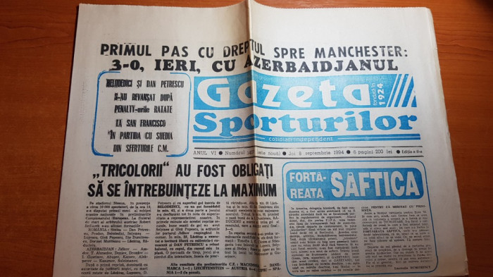 gazeta sporturilor 8 septembrie 1994-meciul de fotbal romania-azerbaidjan 3-0