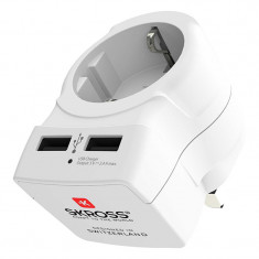 Adaptor priza UK Skross, 100-250 V, 2 x USB, Alb