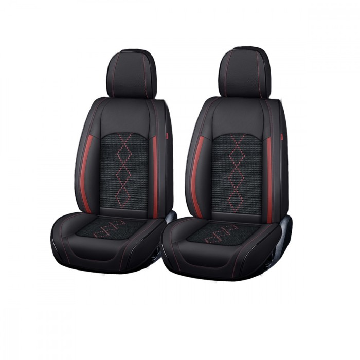 Huse auto premium 5 locuri Carguard Deluxe piele ecologica perforata si textil - negru - rosu &icirc;nchis Best CarHome