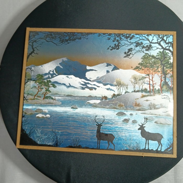Tablou gravura foita argint, peisaj idilic montan, vintage