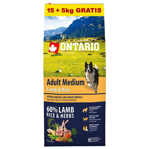 ONTARIO Adult Medium Lamb &amp;amp; Rice 15+5kg GRATIS