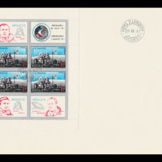 1971 Romania - FDC Apollo 15, bloc dantelat de 4 + 4 vignete diferite LP 772 a