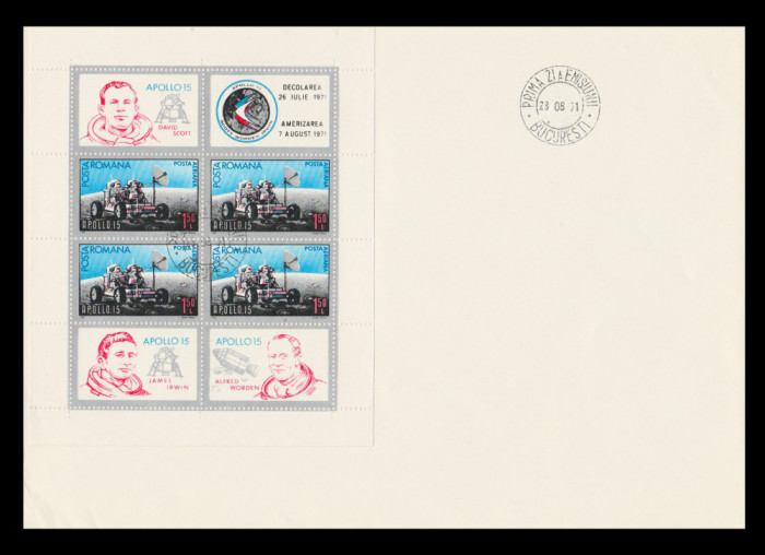 1971 Romania - FDC Apollo 15, bloc dantelat de 4 + 4 vignete diferite LP 772 a