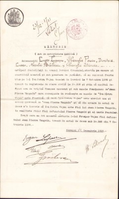 A279 Mărturie, act notorietate publică, certificare identitate francez naturalizat, Dorohoi, 1913 foto