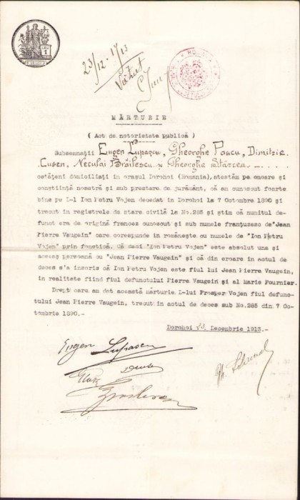 A279 Mărturie, act notorietate publică, certificare identitate francez naturalizat, Dorohoi, 1913