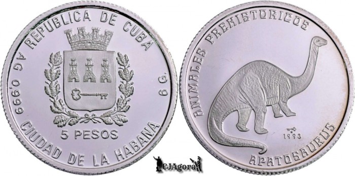 1993, 5 Pesos - Apatosaurus - Cuba | KM 405 | PROOF