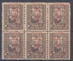 ROMANIA 1917 TIMBRE AJUTOR SUPRATIPAR MVIR MONOGRAM MARE 5 BANI BLOC DE 6 MNH