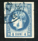1868 , Lp 23 , Carol I cu favoriti 4 Bani albastru T7 - stampilat