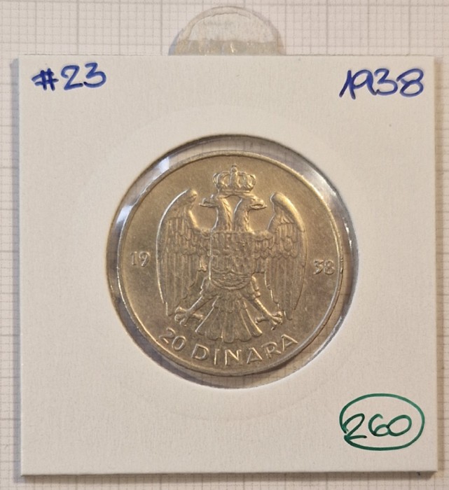260, Yugoslavia, Iugoslavia, 20 Dinara 1938, KM#23, Argint, PETAR II