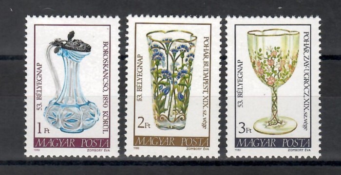 Ungaria 1980- Ziua Timbrului-Vechea Arta a Sticlariei. serie+Colita, 4 poze, MNH
