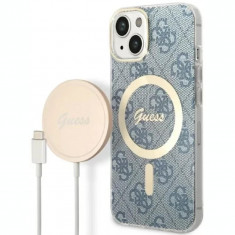 Husa Cover Guess 4G Print Magsafe + Wireless Charger pentru iPhone 14 Blue foto