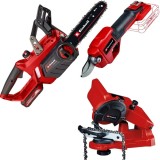 Einhell GE-LC 18/25-1 Li Kit + GE-LS 18 Li + GC-CS 85 E - Drujba cu 1 acumulator Li-Ion 18 V 3 Ah 25 cm 4.3 m/s + Foarfeca pentru crengi 28 mm + Masin