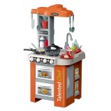 Cumpara ieftin Bucatarie pentru copii WePro Store, circuit de apa real, cuptor si plita, sunete si lumini, accesorizata complet, Portocalie, 3 ani +