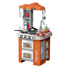 Bucatarie pentru copii WePro Store, circuit de apa real, cuptor si plita, sunete si lumini, accesorizata complet, Portocalie, 3 ani +