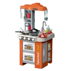 Bucatarie pentru copii WePro Store, circuit de apa real, cuptor si plita, sunete si lumini, accesorizata complet, Portocalie, 3 ani +