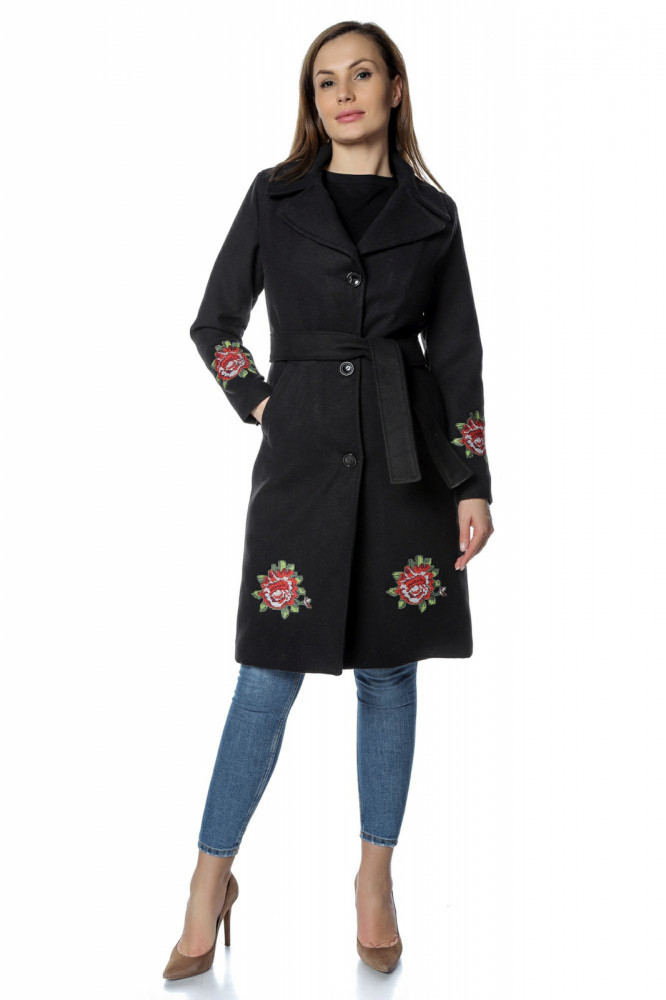 Palton negru dama din stofa cu aplicatii brodate PF39, L, M, S, XL, XS, XXL  | Okazii.ro