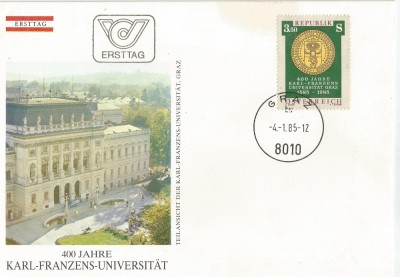 Austria, 400 de ani Universitatea Karl Franz din Graz, FDC, 1985 foto