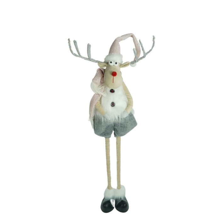 Ornament de craciun ren cu picioare telescopice, flippy, gri/alb, textil, 100 cm