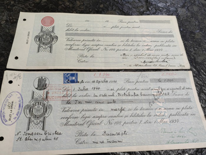 Lot Cambie, Bilet la Ordin, Timbru Sec, 1940, semnat Nic Ionescu Cristea, rar
