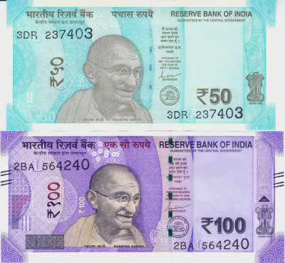 Bancnota India 50 si 100 Rupii 2019 - P111/112 UNC ( set x2 - litera L ) foto
