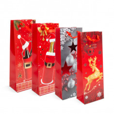 Pungă pentru băuturi - hârtie, Crăciun - 360 x 127 x 83 mm - 4 tipuri / pachet - 12 buc / pachet