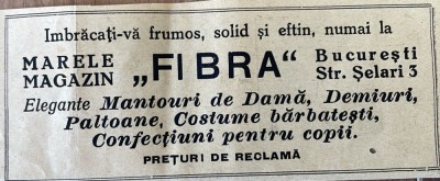 1931 Reclamă rom&amp;acirc;nească Marele Magazin FIBRA Bucuresti interbelic Str Selari Nr. 3 mantouri de dama, platoane, costume barbatesti confectii copii foto