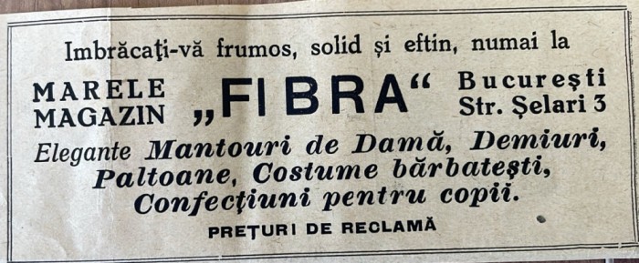1931 Reclamă rom&acirc;nească Marele Magazin FIBRA Bucuresti interbelic Str Selari Nr. 3 mantouri de dama, platoane, costume barbatesti confectii copii