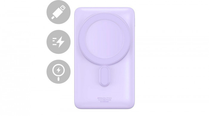 Baseus Magnetic Magnetic Wireless Fast Charger Power Bank 10000mAh 20W violet + Cablu &icirc;ncărcător rapid tip C 60W (20V/3A) 50cm alb