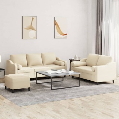 vidaXL Set de canapele cu perne, 3 piese, crem, textil foto