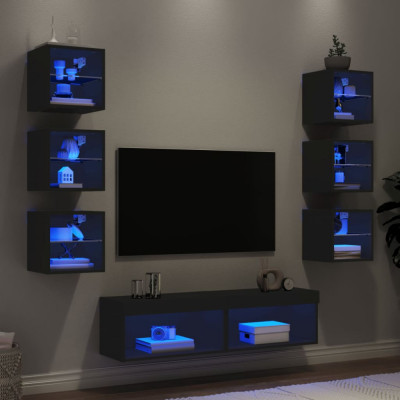 vidaXL Unități de perete TV cu LED-uri, 8 piese, negru, lemn prelucrat foto