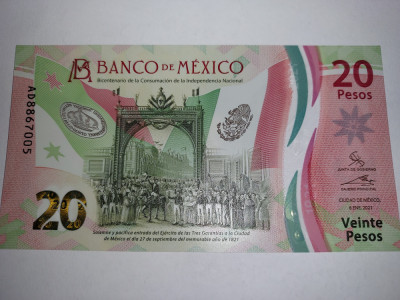Mexic 20 Pesos Comemorativa 2021 Polimer Seria AD Semnatura 2 UNC foto