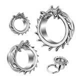 Tunel pentru ureche din oțel, cu șurub - motiv de dragon cu spate ghimpat - Diametru piercing: 12 mm