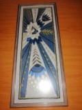 Tablou vertical cusut brodat broderie inramata lucrat manual floral nuante albastru datat 1965 rama cu protectie