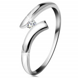 Inel din aur alb 14K - diamant transparent strălucitor, brațe lucioase curbate - Marime inel: 57