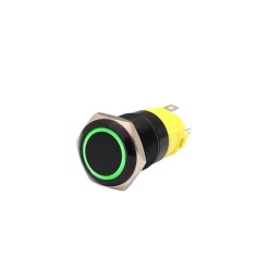 Buton push iluminat cu mentinere, 5A 12-24V DC, 19mm, IP67, metalic, inel LED rosu, 5 pini, FLM16-FJ-1-EX000-A11Z5-GREEN