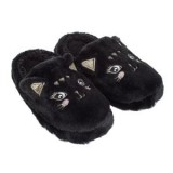Papuci de Iarnă Negre cu Pisică și Broderie Aurie pentru Femei, CMCLASS