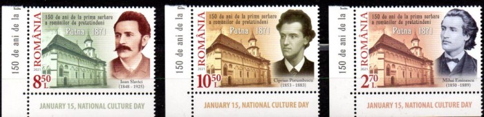 ROMANIA 2021, Ziua Culturii Nationale, Eminescu, Porumbescu, Slavici, 2312